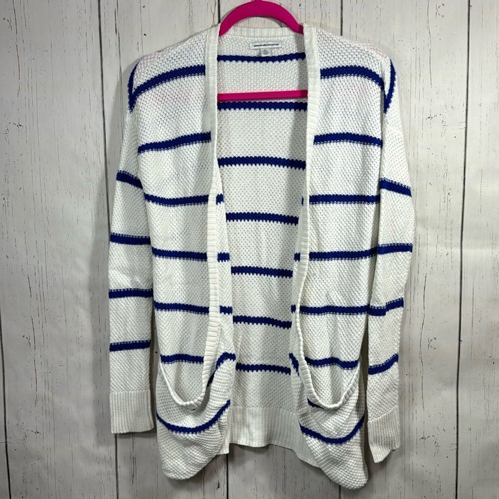 American Eagle White Blue Stripe Open Knit Cardigan Sweater S Coastal Preppy